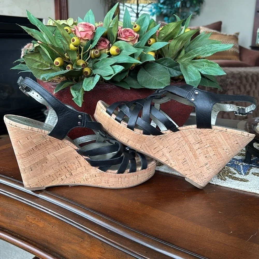 Guess Genuine Leather Black Multi-Strap Wedges Slingback Heeled Sandals Strappy